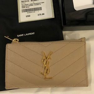 Saint Laurent YSL embossed leather credit card holder dark beige